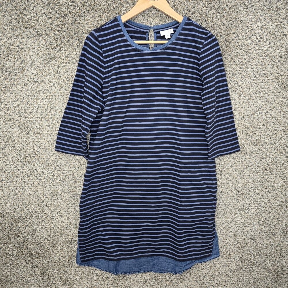 J Jill Dress Womens Medium‎ Blue Striped Scoop Neck Knee Length Keyhole Button